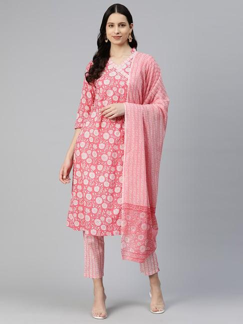 readiprint fashions peach cotton floral print kurta pant set with dupatta