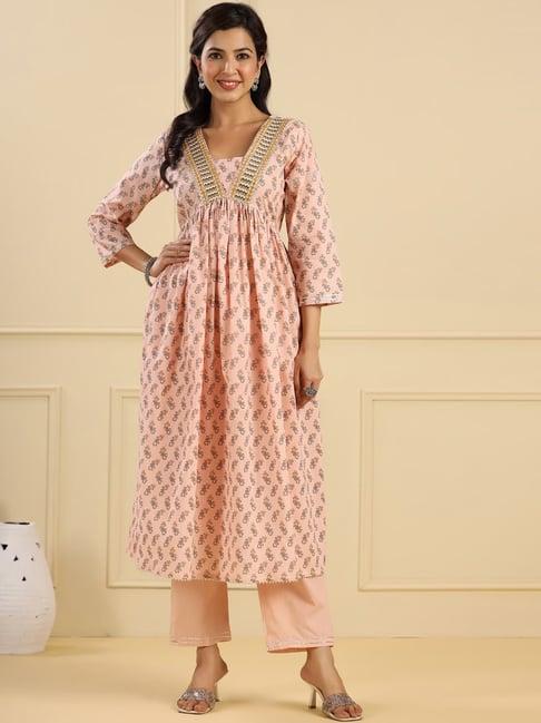 readiprint fashions peach cotton floral print kurta pant set