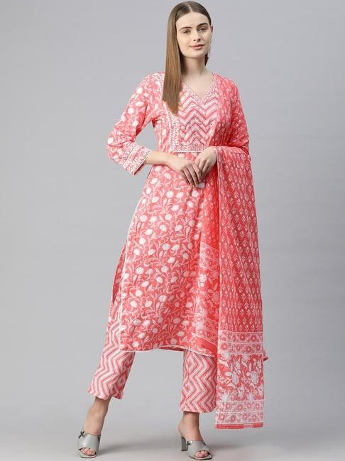 readiprint fashions peach cotton printed kurta pant set with dupatta