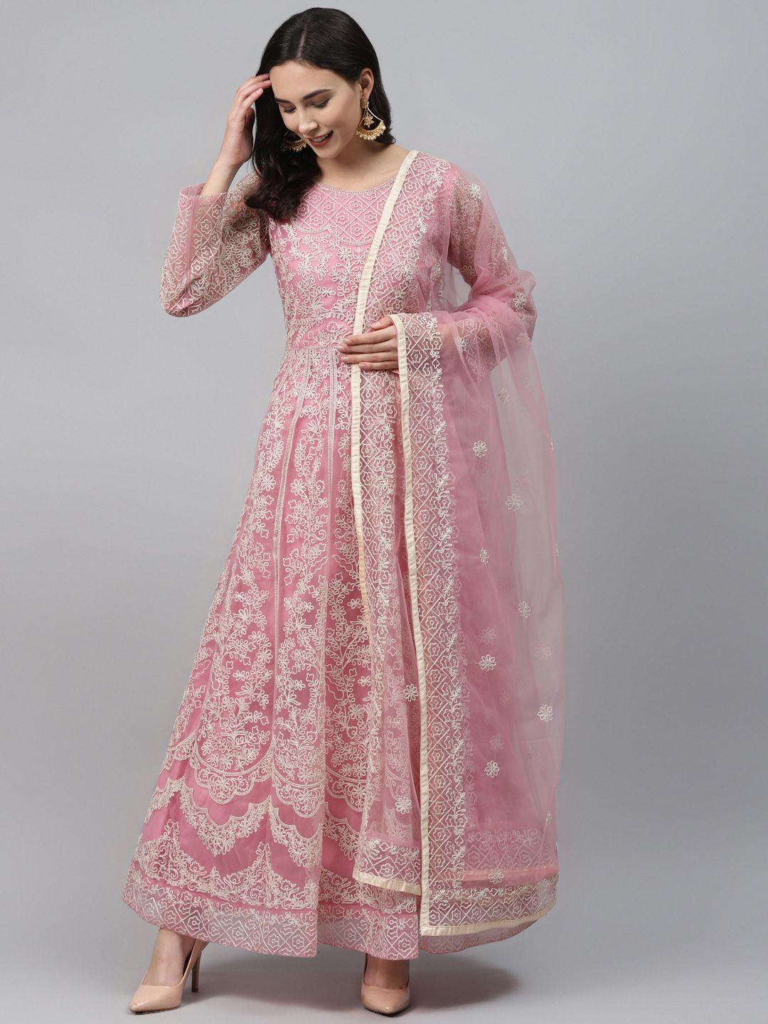 readiprint fashions pink & beige net embroidered semi-stitched dress material