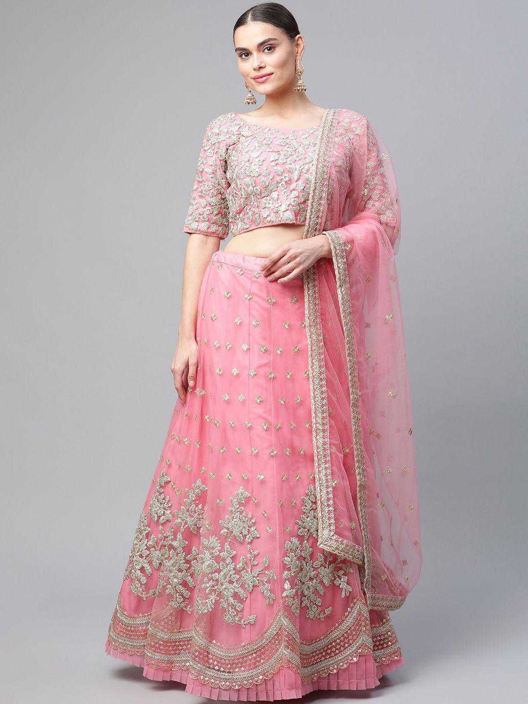 readiprint fashions pink & gold-toned semi-stitched lehenga & unstitched blouse