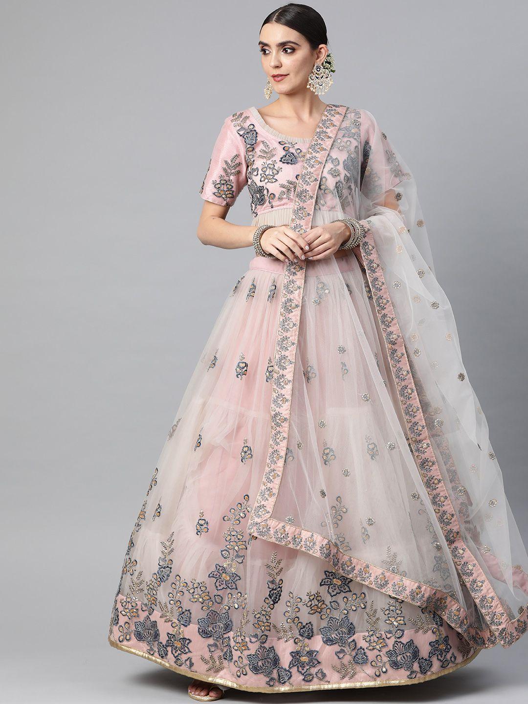 readiprint fashions pink & golden embroidered unstitched lehenga & blouse with dupatta