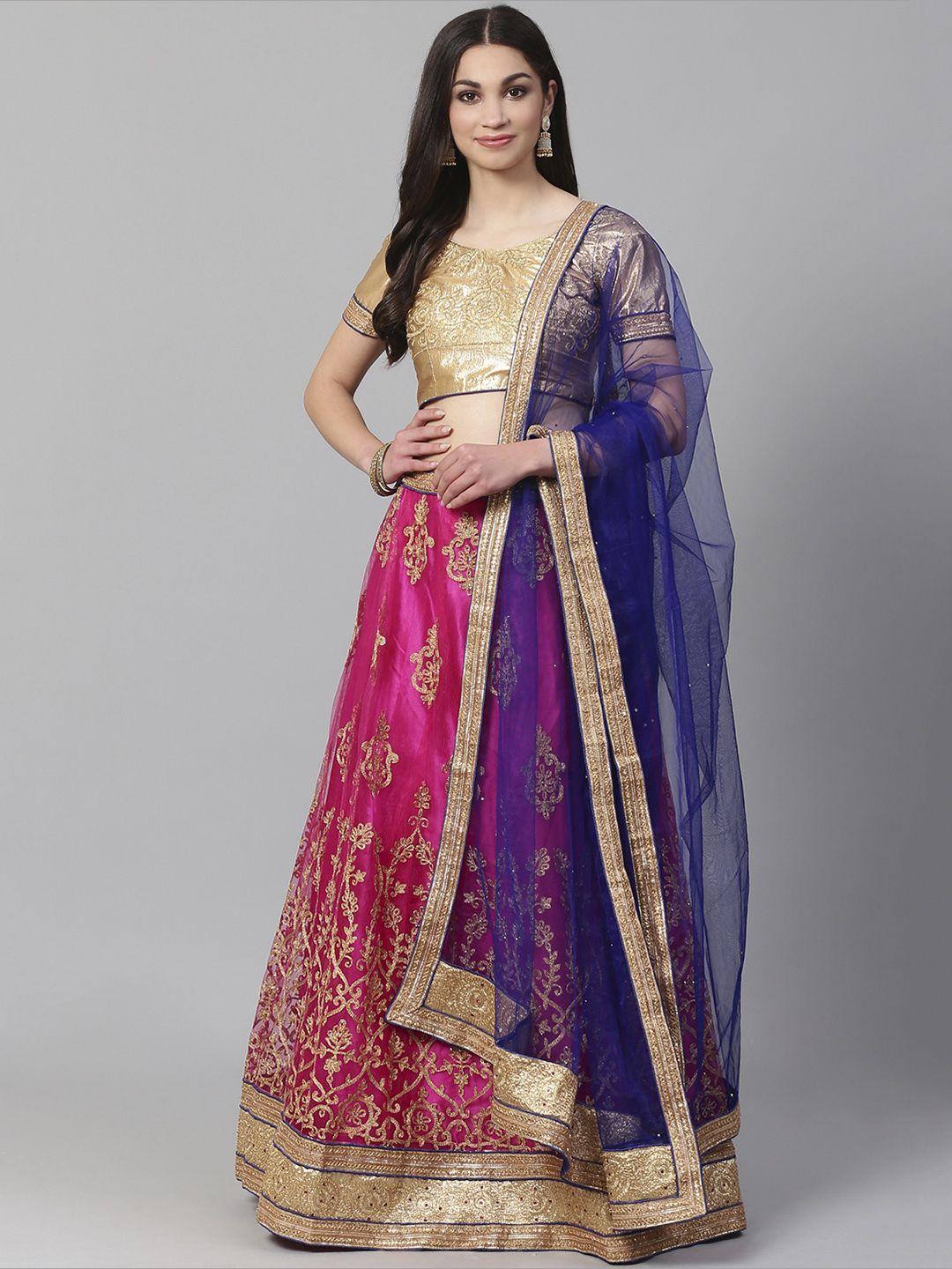 readiprint fashions pink & golden semi-stitched lehenga & unstitched blouse with dupatta