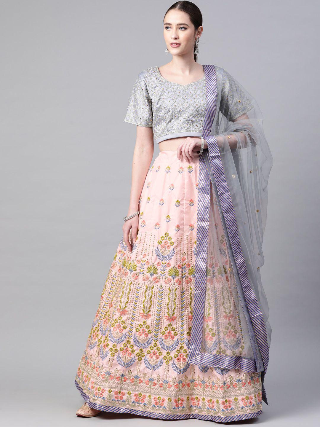 readiprint fashions pink & grey embellished sequinned semi-stitched lehenga & unstitched blouse with dupatta