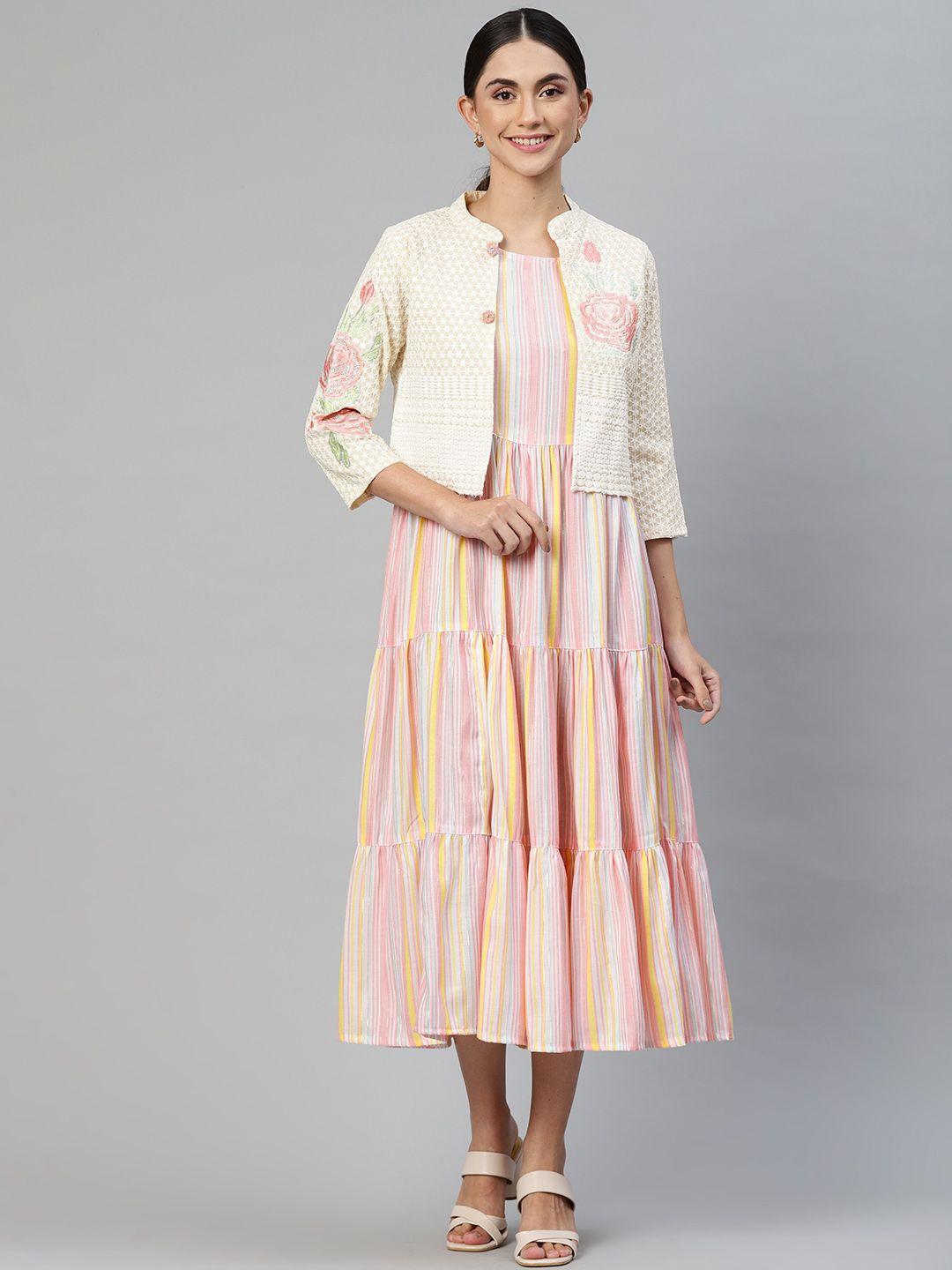 readiprint fashions pink & off white striped a-line midi dress with jacket