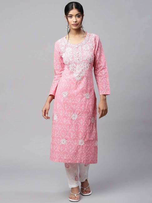 readiprint fashions pink & white cotton embroidered kurta pant set