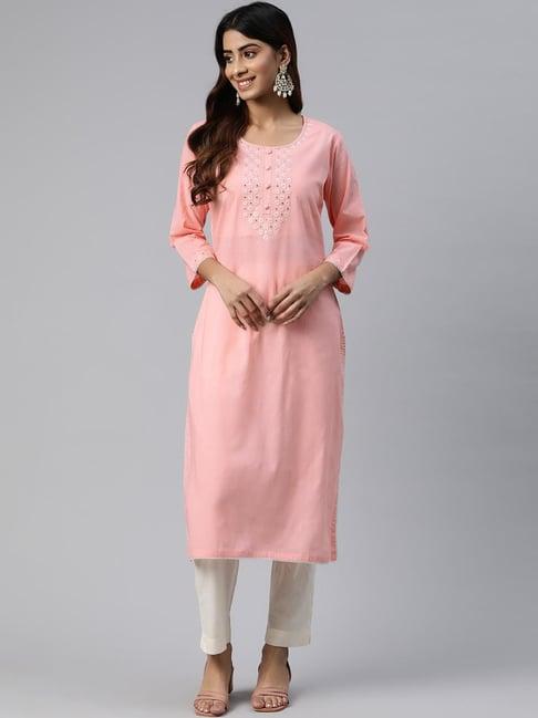 readiprint fashions pink & white cotton embroidered kurta pant set