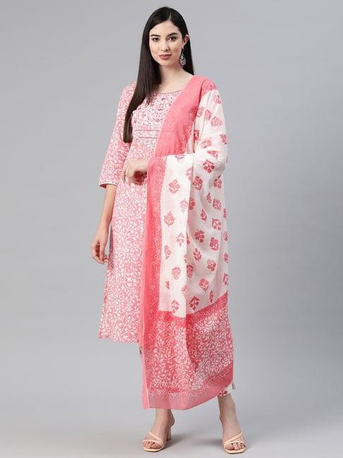 readiprint fashions pink & white cotton floral print kurta pant set with dupatta
