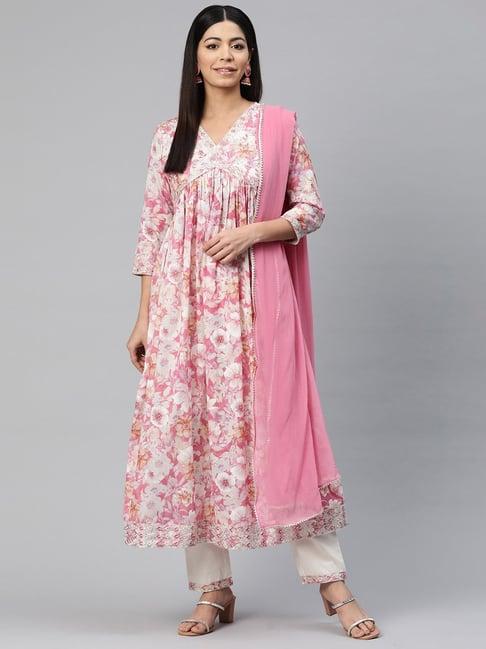 readiprint fashions pink & white cotton floral print kurta pant set with dupatta