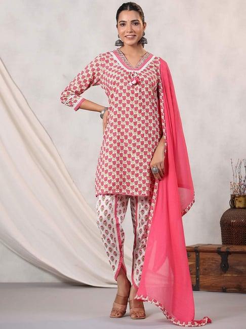 readiprint fashions pink & white cotton floral print kurti dhoti pant set with dupatta