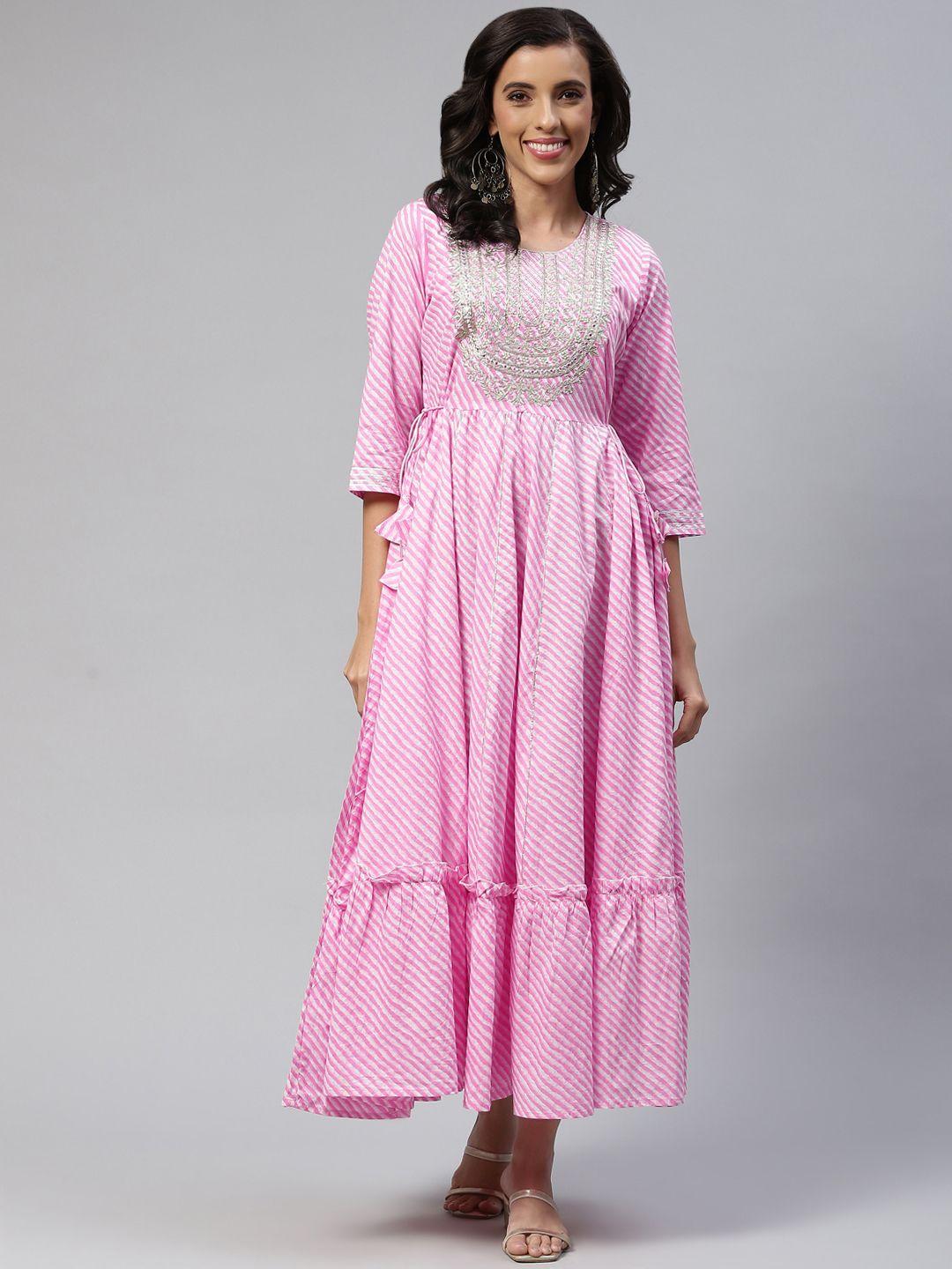 readiprint fashions pink & white cotton leheriya embroidered tiered ethnic maxi dress