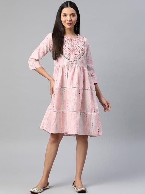 readiprint fashions pink cotton embroidered a-line dress