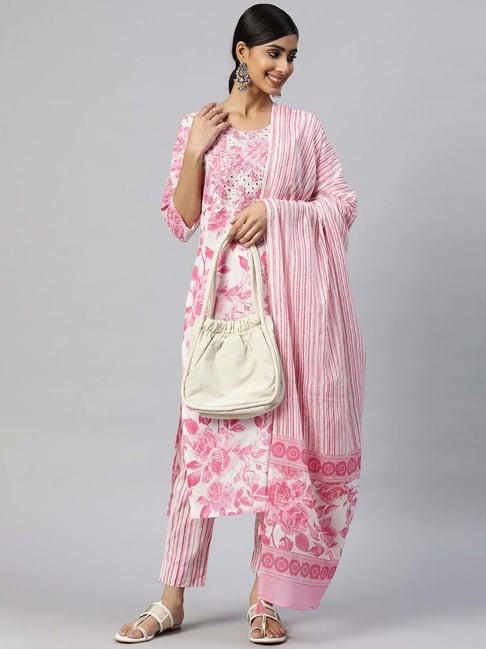 readiprint fashions pink cotton embroidered kurta pant set with dupatta