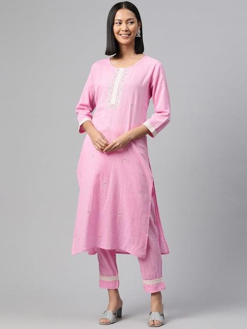 readiprint fashions pink cotton embroidered kurta pant set