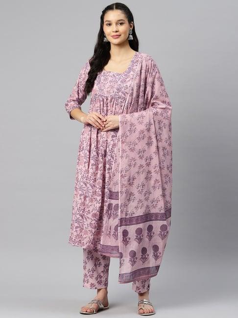 readiprint fashions pink cotton floral print kurta pant set with dupatta