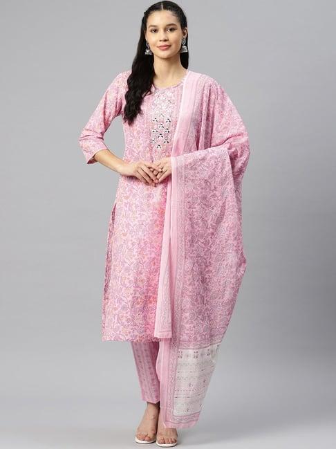 readiprint fashions pink cotton floral print kurta pant set with dupatta