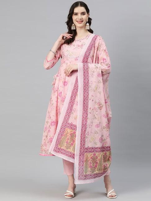 readiprint fashions pink cotton floral print kurta pant set with dupatta