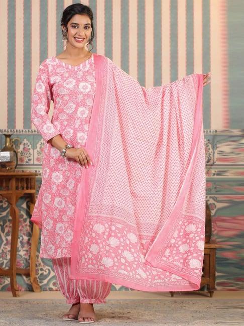 readiprint fashions pink cotton floral print kurta salwaar set with dupatta