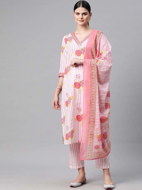 readiprint fashions pink cotton printed kurta pant set with dupatta