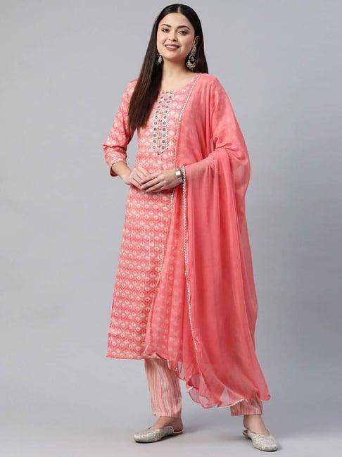 readiprint fashions pink embroidered kurta pant set with dupatta