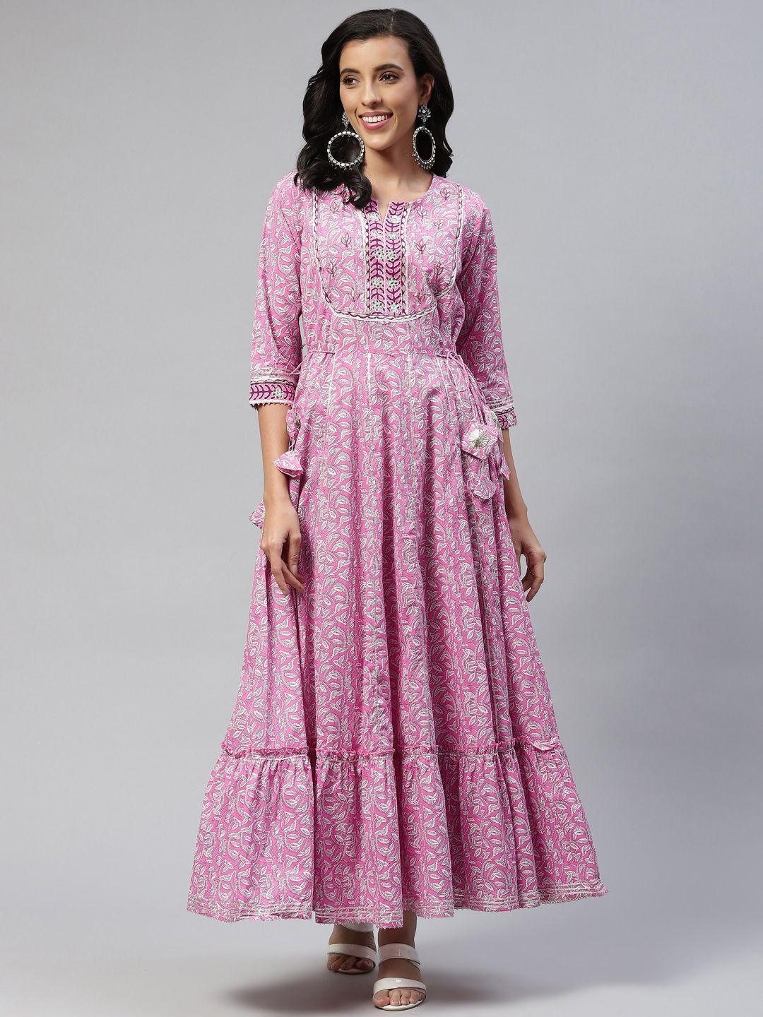 readiprint fashions pink embroidered tiered maxi ethnic dress with tie-up detail
