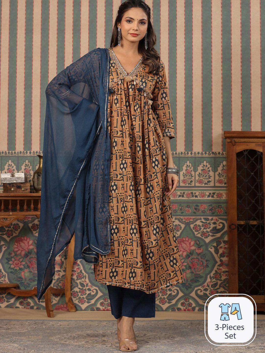 readiprint fashions printed empire mirror work pure cotton kurta with trousers & dupatta