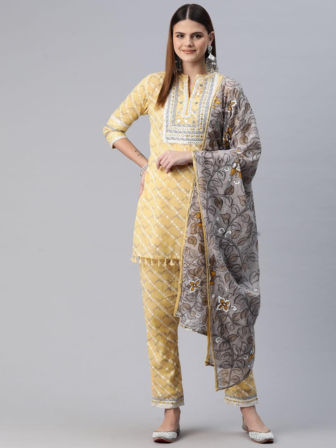 readiprint fashions printed mirror work pure cotton kurti with trousers & dupatta