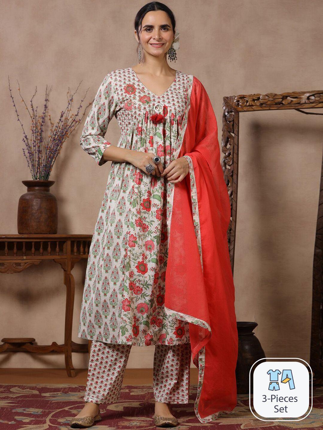 readiprint fashions printed regular sequinned pure cotton kurta with trousers & dupatta