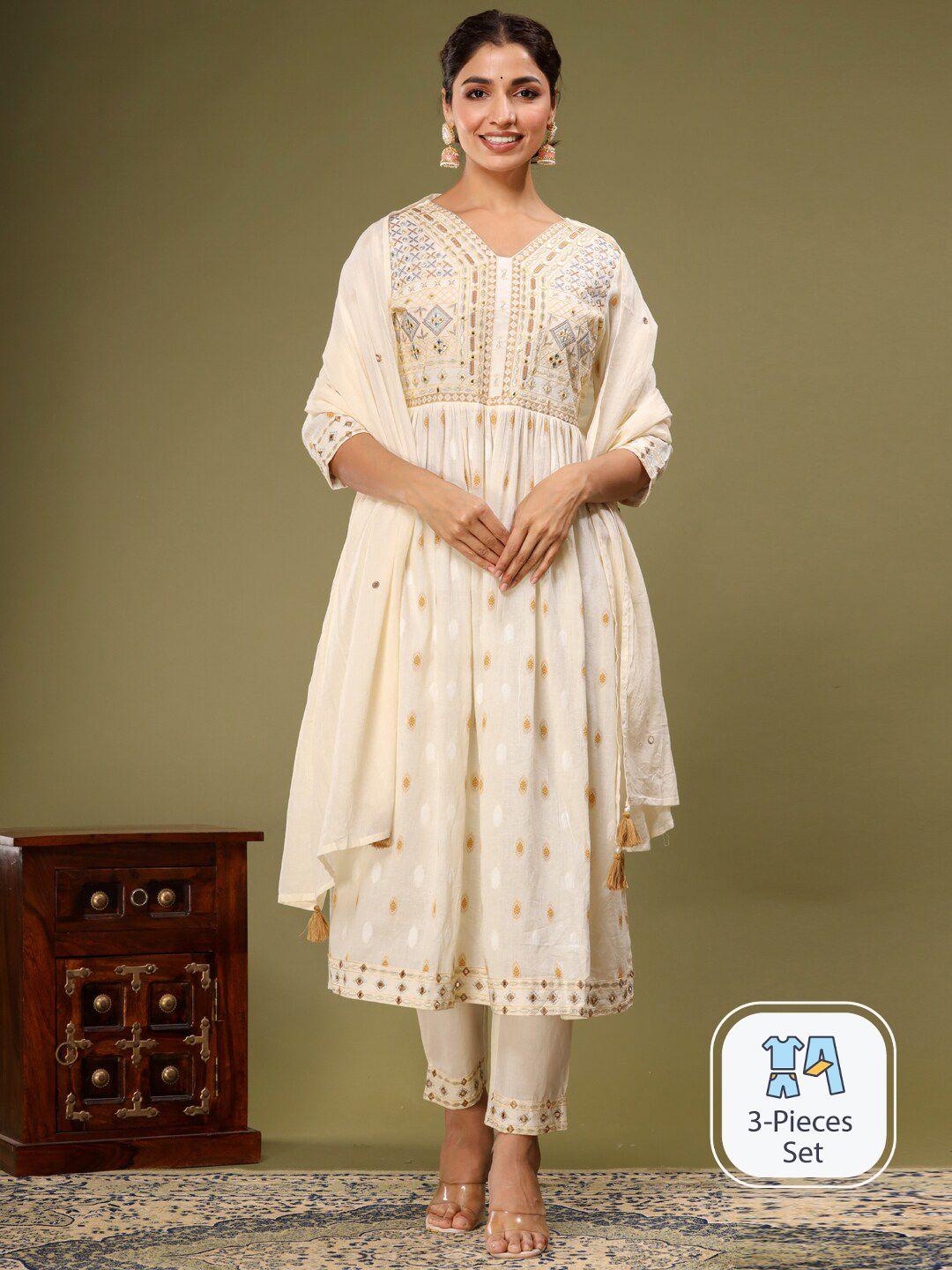 readiprint fashions printed thread work pure cotton anarkali kurta with trousers & dupatta