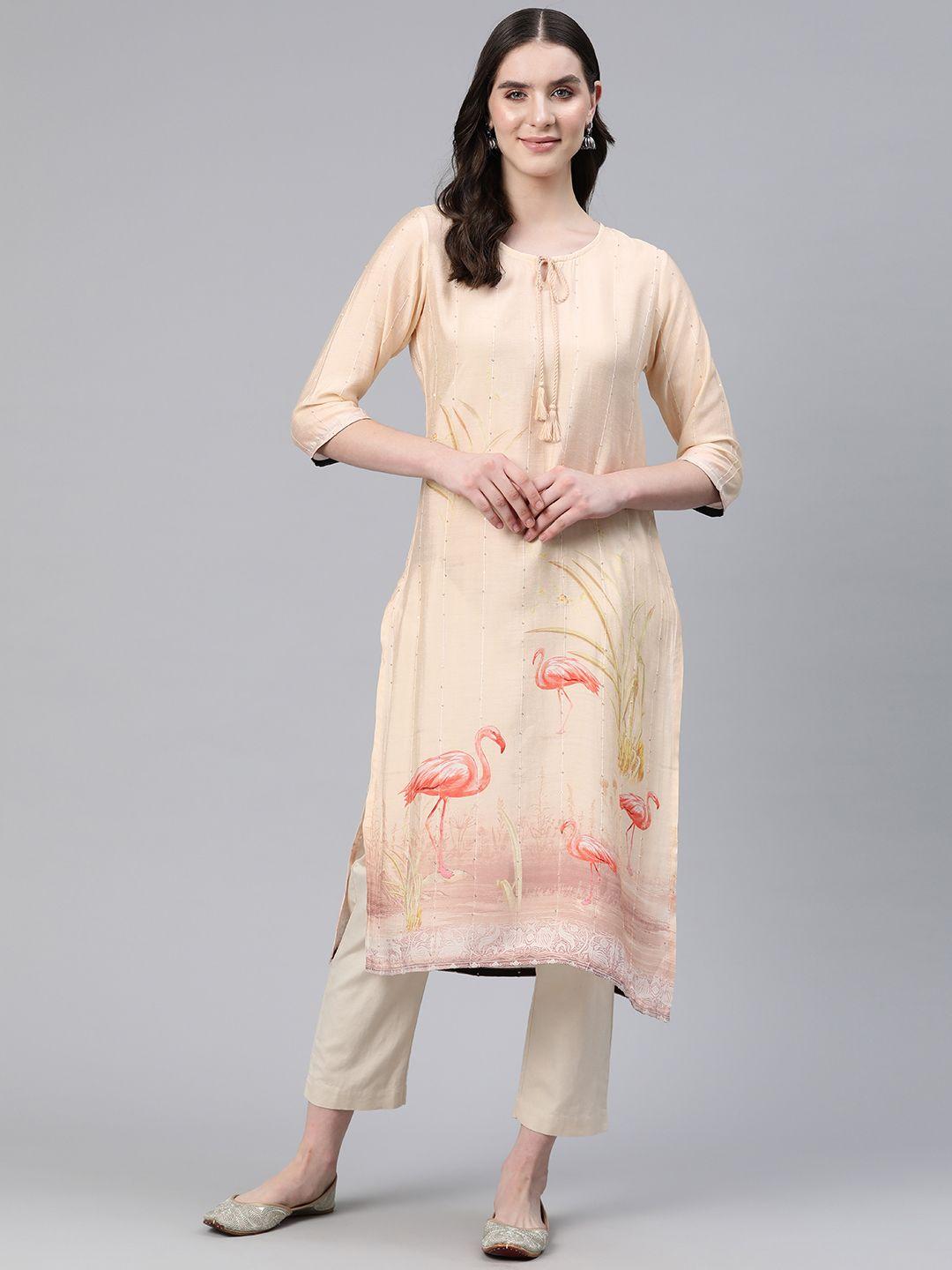 readiprint fashions printed tie-up neck sequinned kurta