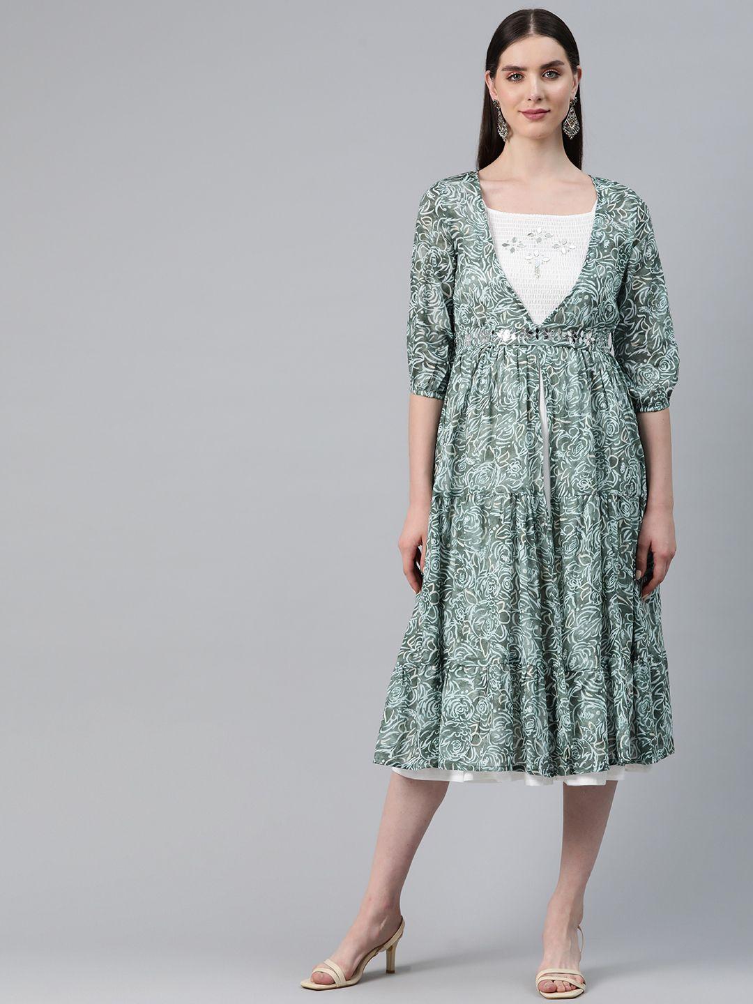 readiprint fashions puff sleeves a-line tiered midi dress