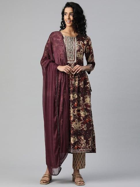 readiprint fashions purple & beige floral print kurta pant set with dupatta