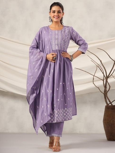 readiprint fashions purple cotton embroidered kurta pant set with dupatta