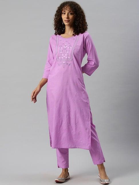 readiprint fashions purple cotton embroidered kurta pant set