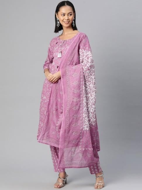 readiprint fashions purple cotton floral print kurta pant set with dupatta