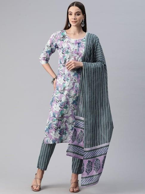 readiprint fashions purple cotton floral print kurta pant set with dupatta