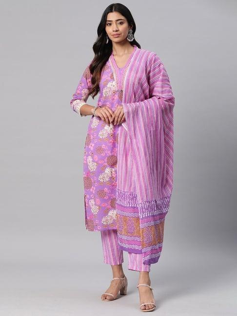 readiprint fashions purple cotton floral print kurta pant set with dupatta