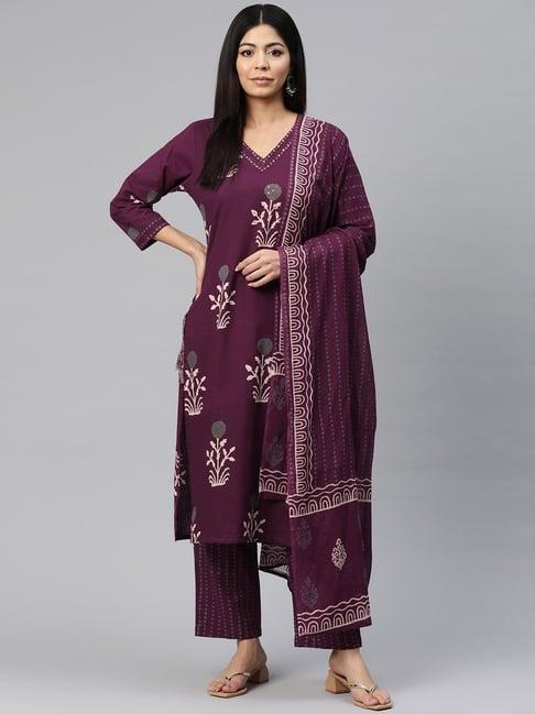 readiprint fashions purple cotton floral print kurta pant set with dupatta