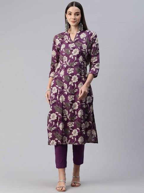 readiprint fashions purple cotton floral print kurta pant set