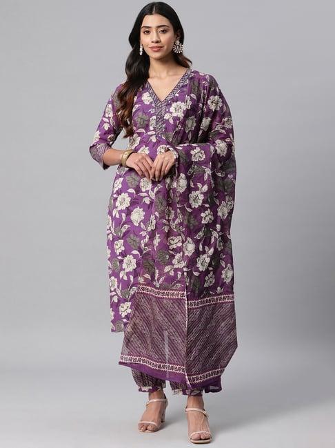 readiprint fashions purple cotton floral print kurta salwaar set with dupatta