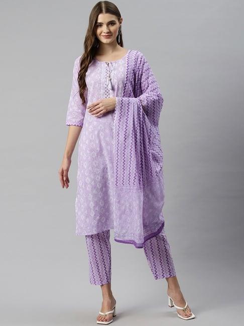readiprint fashions purple cotton printed kurta pant set with dupatta