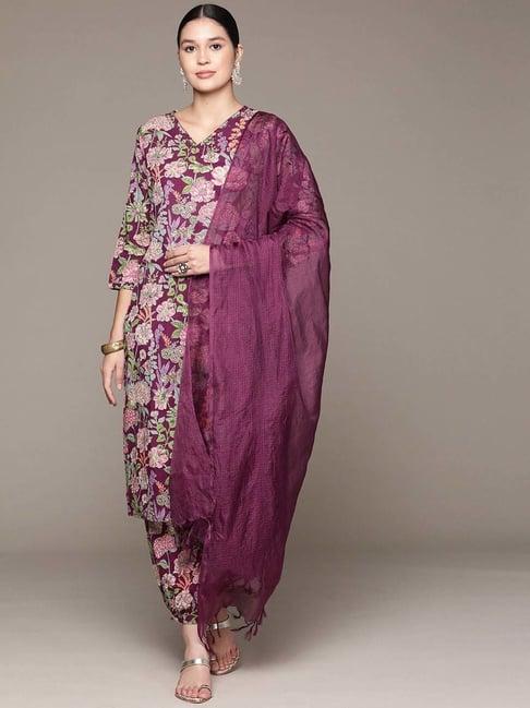 readiprint fashions purple cotton printed kurta salwar set with dupatta