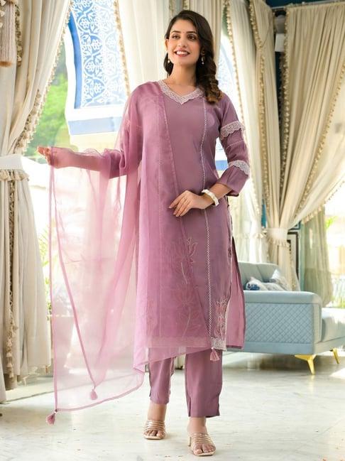 readiprint fashions purple embroidered kurta pant set with dupatta