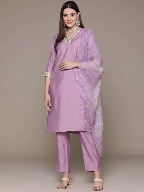 readiprint fashions purple embroidered kurta pant set with dupatta