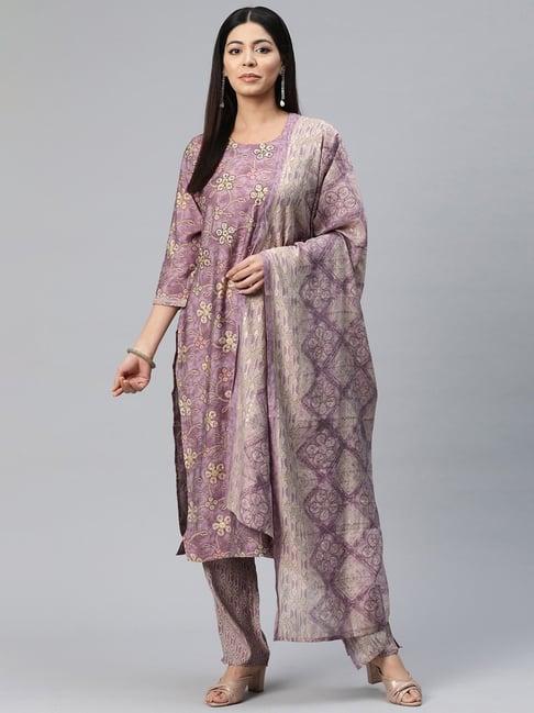 readiprint fashions purple floral print kurta pant set with dupatta