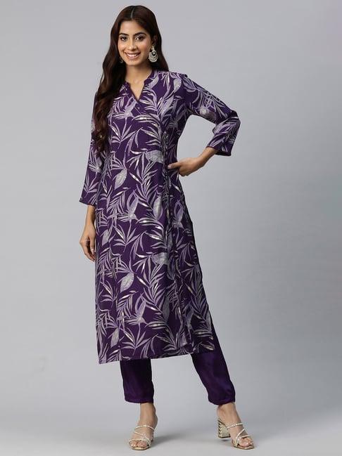 readiprint fashions purple floral print kurta pant set