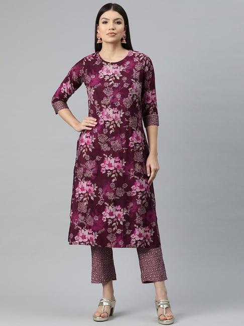 readiprint fashions purple floral print kurta pant set