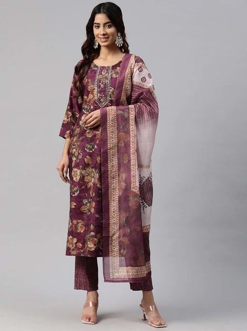 readiprint fashions purple printed kurta pant set with dupatta