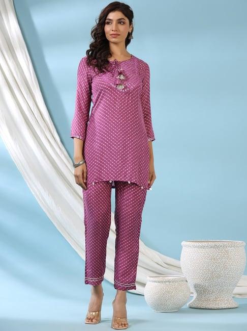 readiprint fashions purple printed kurti pant set