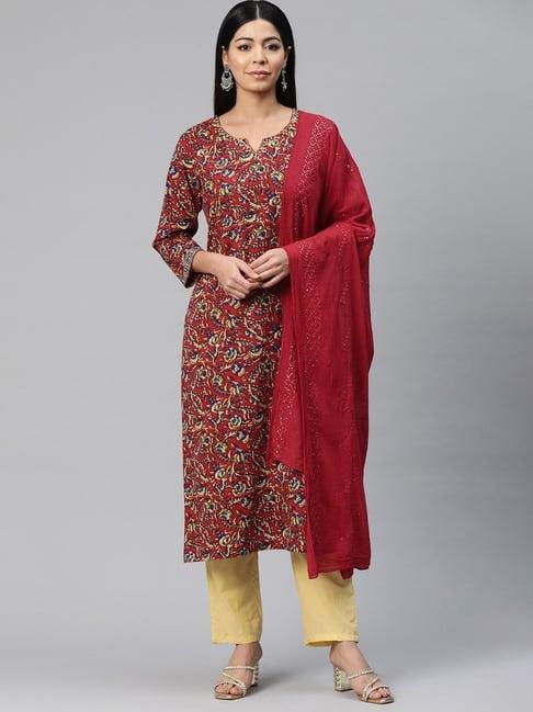 readiprint fashions red & beige cotton floral print kurta pant set with dupatta